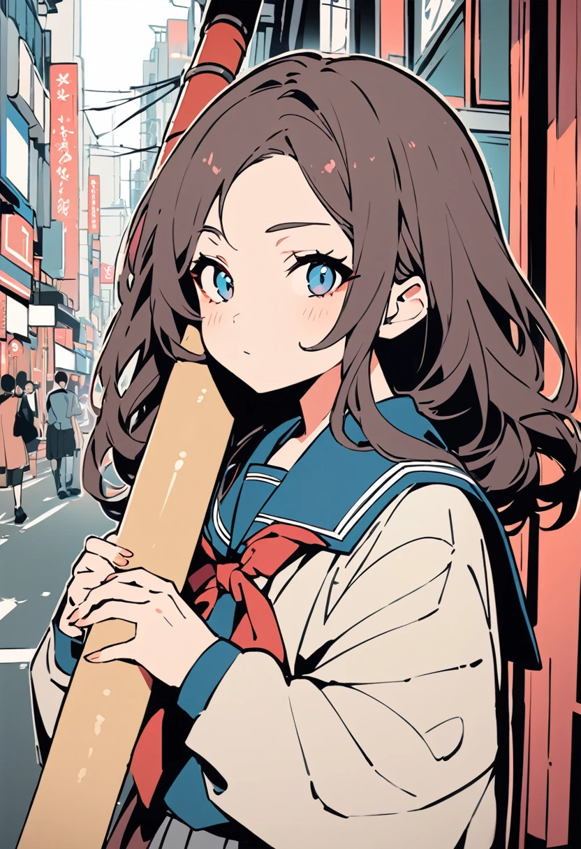 flat color,(Ultra high-resolution masterpiece, best quality, ultra-detailed representation) – A captivating portrait of a Japanese , portrayed with breathtaking intricacy. (A tween in school-uniform) , effortlessly playing the (didgeridoo) on a lively Tokyo street. The depth of field adds a charming blur to the bustling background, while the full-body composition perfectly captures the adorable, determined expression on her face. The detail in her delicate features, coupled with the musical instrument, creates a unique fusion of cultures that is both enchanting and thought-provoking, meriting the title of a true masterpiece.