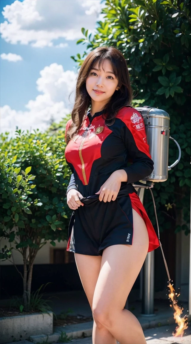 8k, highest quality, masterpiece, Realistic, Super detailed,  photograph, High resolution,  High resolution,, Cinematic Light, Official Art, High resolution, Depth of written border, Beautiful legs, thin, cute顔, smile, Beautiful details in the eyes, 19 years old Japanese, cute, Disheveled Hair,Crimson Jet Suit,Flying in the sky、Carrying a jetpack on your back,Flames coming out of the jetpack