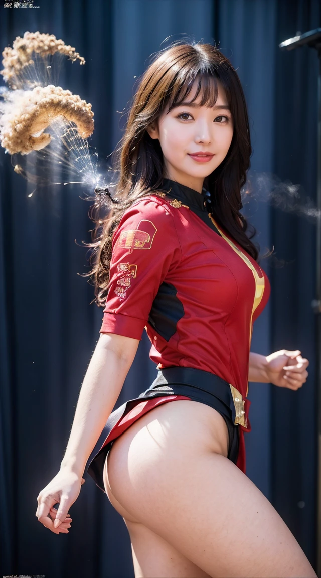 8k, highest quality, masterpiece, Realistic, Super detailed, photograph, High resolution, High resolution,, Cinematic Light, Official Art, High resolution, Depth of written border, Beautiful legs, thin, cute顔, smile, Beautiful details in the eyes, 19 years old Japanese, cute, Disheveled Hair,Crimson Jet Suit,Flying in the sky、Carrying a jetpack on your back,Flames coming out of the jetpack