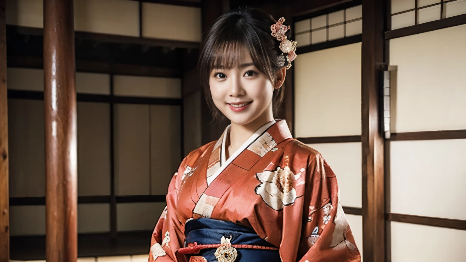 Highly detailed 8k wallpaper, with the best quality, super detailed pussy, Representative works, Reality, realistic pictures, Highly detailed cute girl, 25 years old, ((japanese, kimono, rush)) , round eyes, hair ornaments, Are standing, Upper body, smiling, dancing