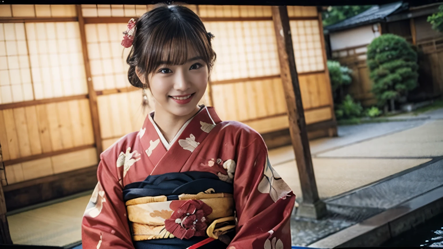 Highly detailed 8k wallpaper, with the best quality, super detailed pussy, Representative works, Reality, realistic pictures, Highly detailed cute girl, 25 years old, ((japanese, kimono, rush)) , round eyes, hair ornaments, Are standing, Upper body, smiling, dancing