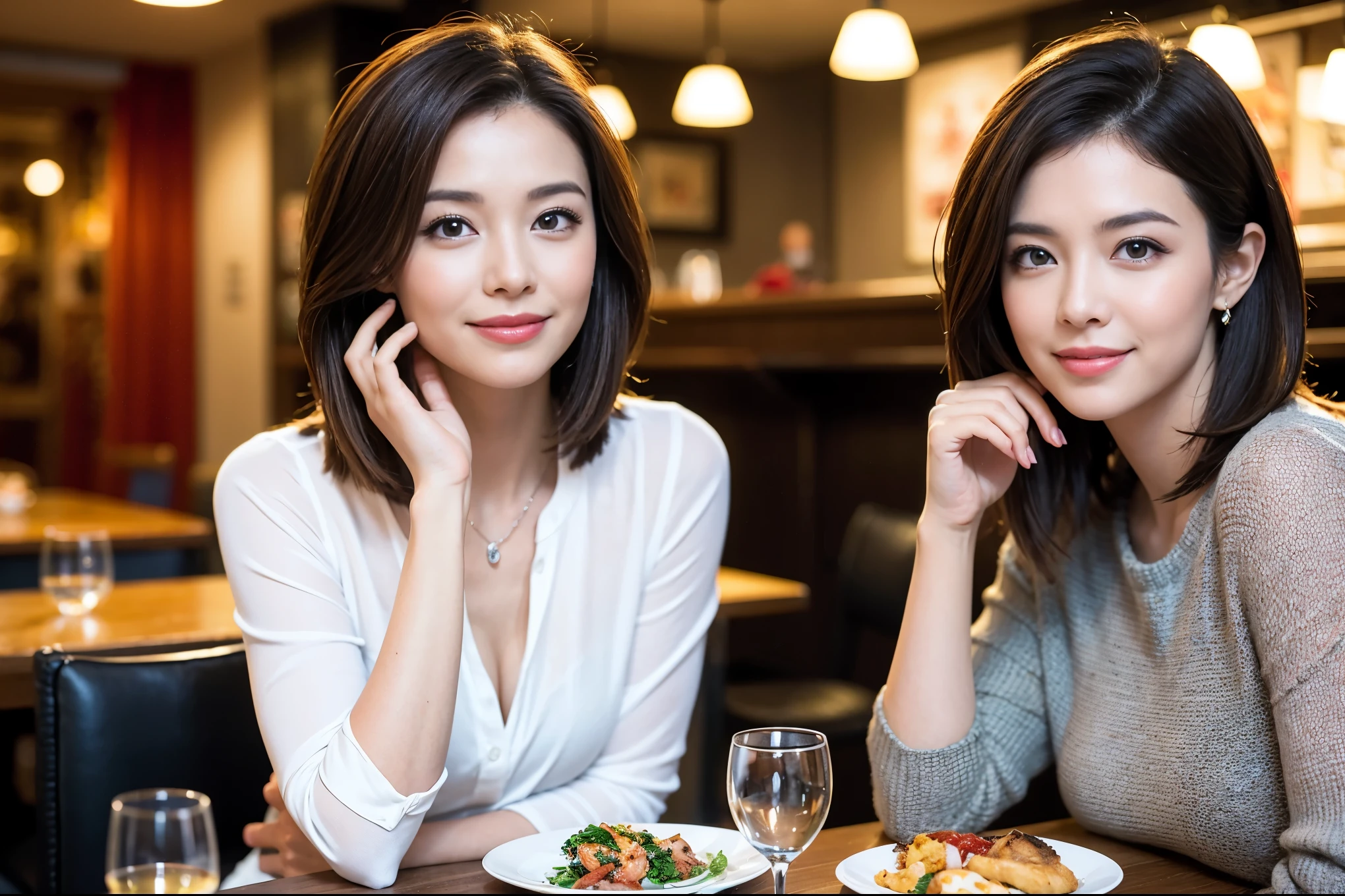 ((highest quality、8k、masterpiece:1.3))、Ray Dan beauty、1 male、1 female、Couple、Spouse、half、The body is slim、((Bob Hale、Straight hair:1.2)), (Realistic, Intricate details:1.2), Wine glass on the table、Shine light on your face、 Amazing view of the sunset sky and clouds、Amazing mountain views、A bright smile、The wonderfulness of smile、Bright image、The beauty of wine, Beautiful Face, blue eyes, The light shines on your face, Blushing, short hair,Bright Face、 (Age 44), 43 years old, red wine 、Appetizers、Italian food、Wine bottle、Champagne、sparkling wine、Two beauties、Brown Hair、Shortcuts、Long sleeve shirt、dress、Pretty Woman 1, (Slim face), (The body is slim), (Brown Hair), (Shortcuts), cheeks turn a little red,Attractive beauty、restaurant, In a prominent place (From the waist up) Nova Frog Style, actress, model, Upper Body, White wine, slim, wine glass, A wine glass placed in the center, smile, (smile: 1.15), Beautiful fine grain, Depth f/2,saturation, High Contrast, Strong light and shadow,Moist Body:1.5、3D texture、Delicate eyes、Brown Hair、The hair is very shiny、
