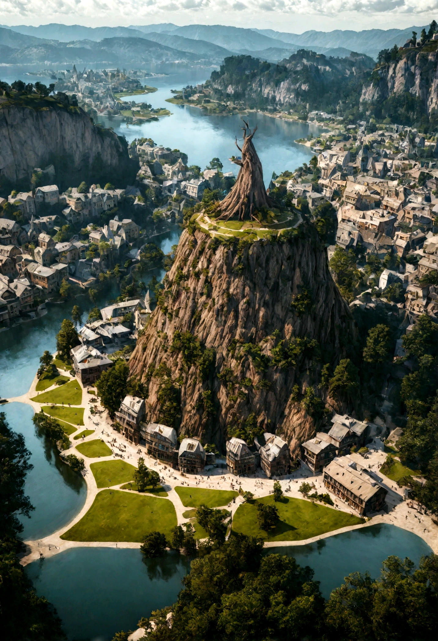 realistic, masterpiece, best quality, high quality, 8k, detailed, city in the tree, tree standing on lake, big tree, fantastic city like harry ter.