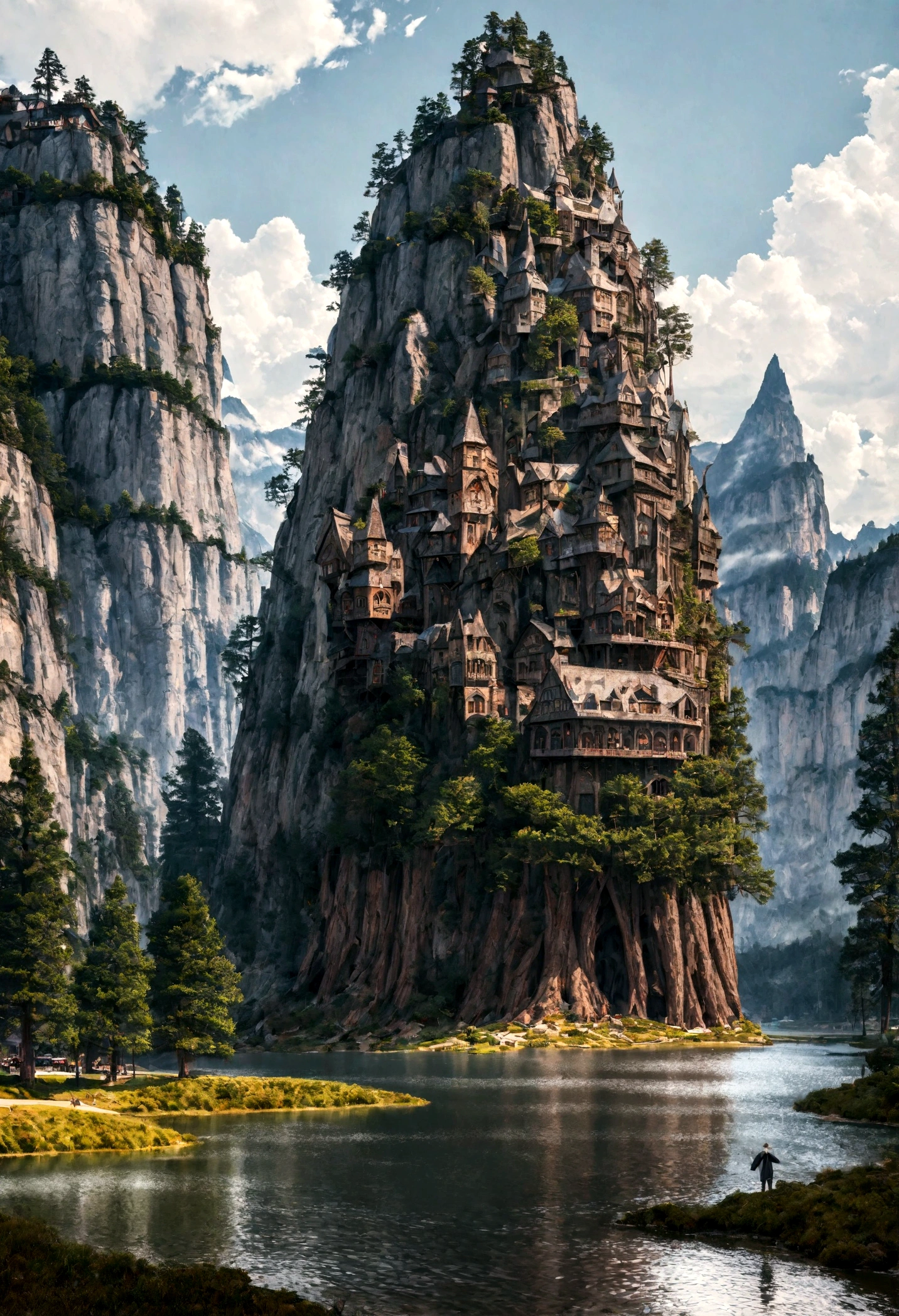 realistic, masterpiece, best quality, high quality, 8k, detailed, city in the tree, tree standing on lake, big tree, fantastic city like harry potter.