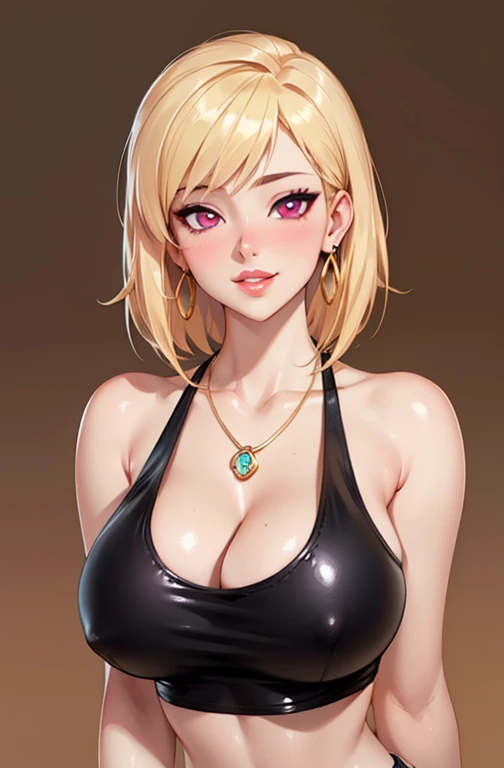 1girl, blonde hair, big lips, pink eyes, detailed eyes, cleavage, leather tank top, huge breasts, light smile, blush, nose blush, simple background, anime, seductive, intimate, centered portrait, centered cowboy shot, dainty jewelery, earrings, dainty gold necklace, mouth closed, realistic anime
