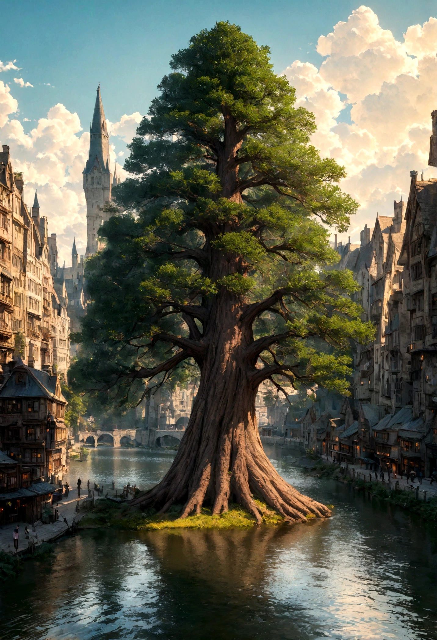 realistic, masterpiece, best quality, high quality, 8k, detailed, city in the tree, tree standing on lake, big tree, fantastic city like harry potter.