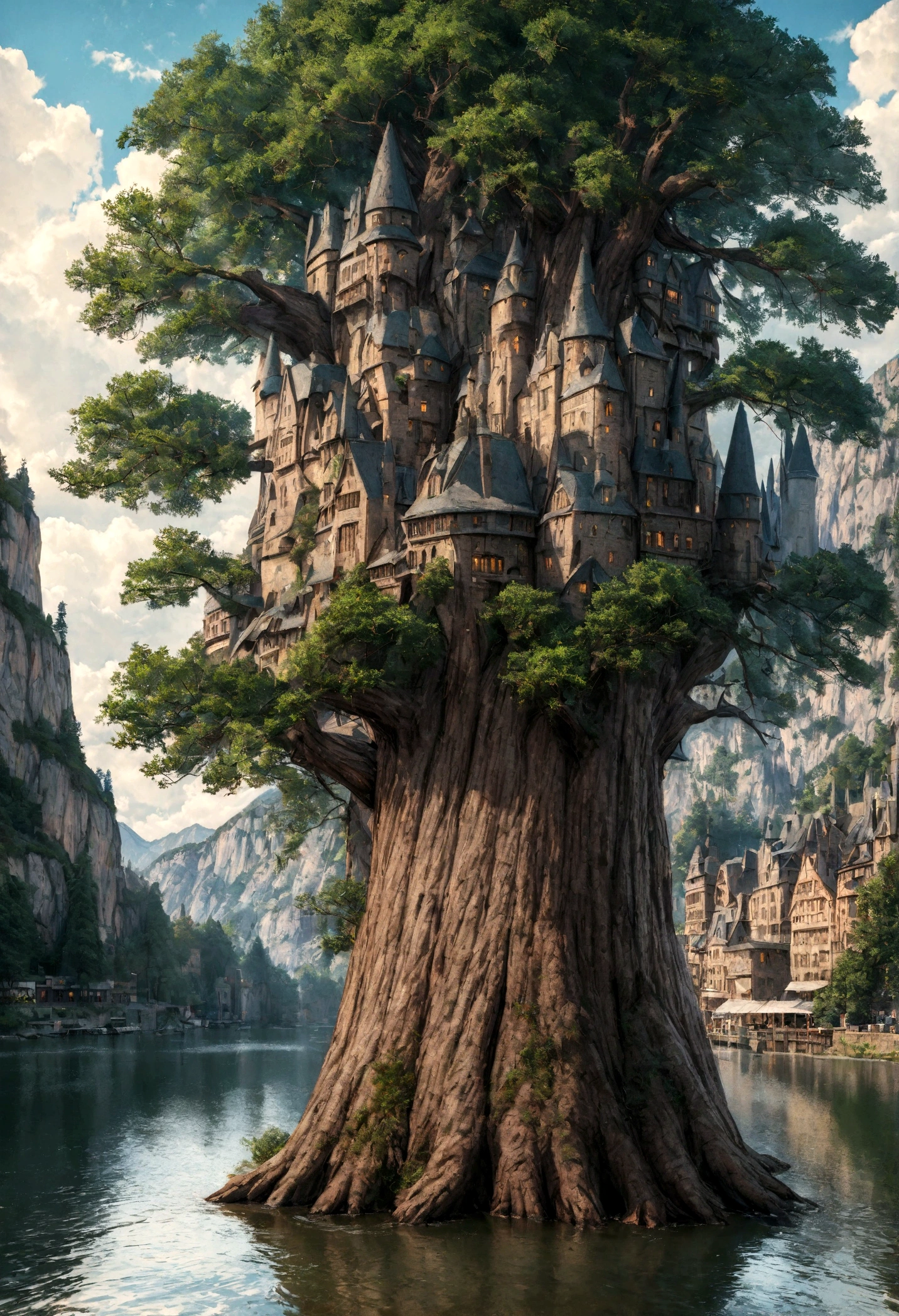 realistic, masterpiece, best quality, high quality, 8k, detailed, city in the tree, tree standing on lake, big tree, fantastic city like harry potter.