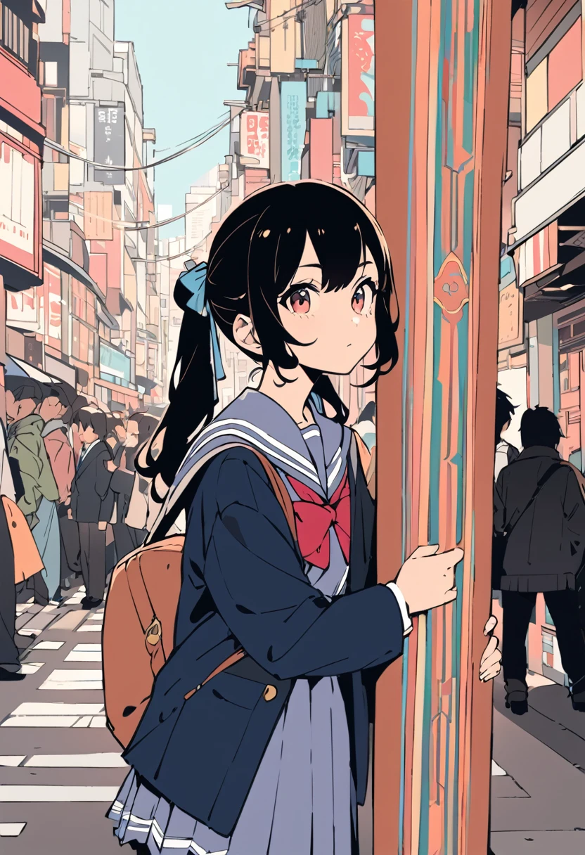 flat color,(Ultra high-resolution masterpiece, best quality, ultra-detailed representation) – A captivating portrait of a Japanese , portrayed with breathtaking intricacy. (A tween in school-uniform) , effortlessly playing the (didgeridoo) on a lively Tokyo street. The depth of field adds a charming blur to the bustling background, while the full-body composition perfectly captures the adorable, determined expression on her face. The detail in her delicate features, coupled with the musical instrument, creates a unique fusion of cultures that is both enchanting and thought-provoking, meriting the title of a true masterpiece.