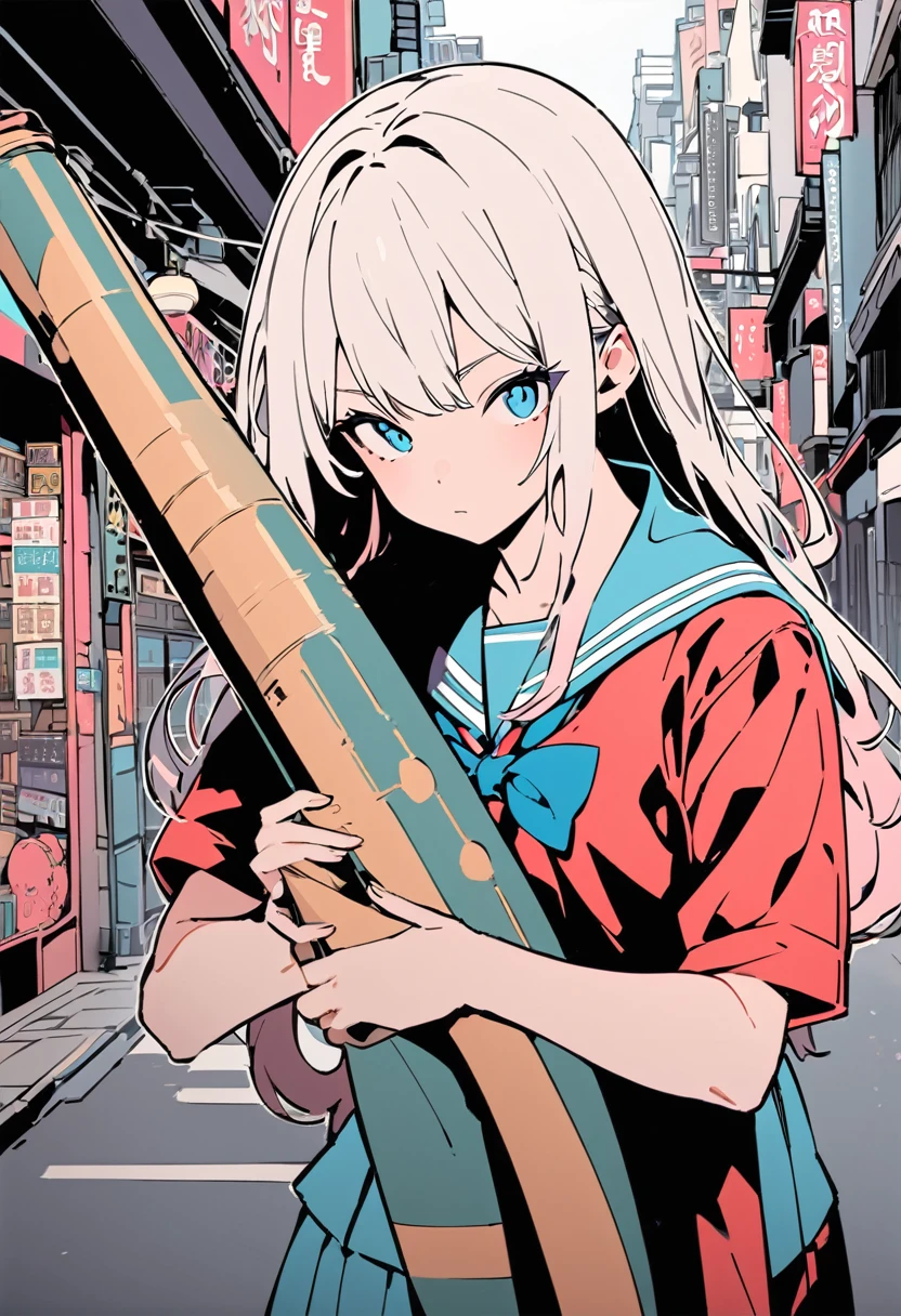 flat color,(Ultra high-resolution masterpiece, best quality, ultra-detailed representation) – A captivating portrait of a Japanese , portrayed with breathtaking intricacy. (A tween in school-uniform) , effortlessly playing the (didgeridoo) on a lively Tokyo street. The depth of field adds a charming blur to the bustling background, while the full-body composition perfectly captures the adorable, determined expression on her face. The detail in her delicate features, coupled with the musical instrument, creates a unique fusion of cultures that is both enchanting and thought-provoking, meriting the title of a true masterpiece.
