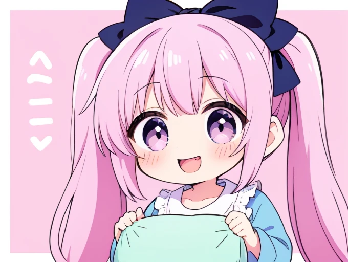 (pastel:1.2)、(Chibi Girl:1.2)、Esbian all over、Long twin tails、Bow and Bow、border pajamas、Funny pose、Pillow Fight、Laughter、Fingertip pose、Vertical striped background、 pink gradation