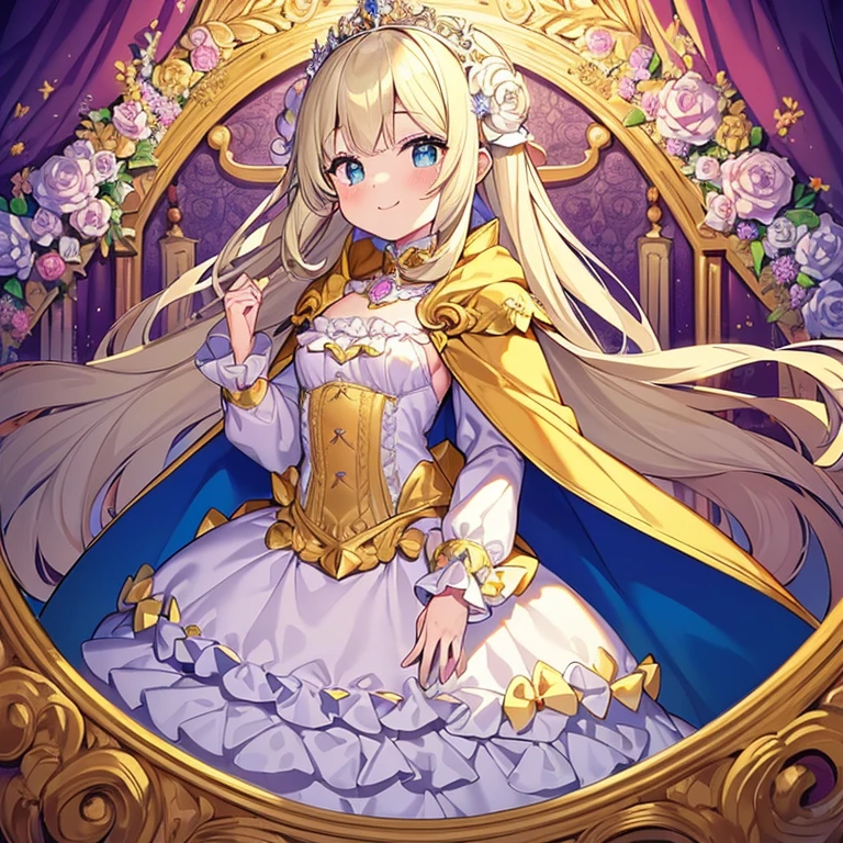looking at viewer,(kawaii),(best quality),(ultra detailed), upper body,(rococo style),(long train pastel yellow cape:1.15), very long cape,(long train white ball gown with flower decorations:1.1), a girl is wearing a cape over her gown, 1 little princess, tiara, smile, very long hair, small breasts