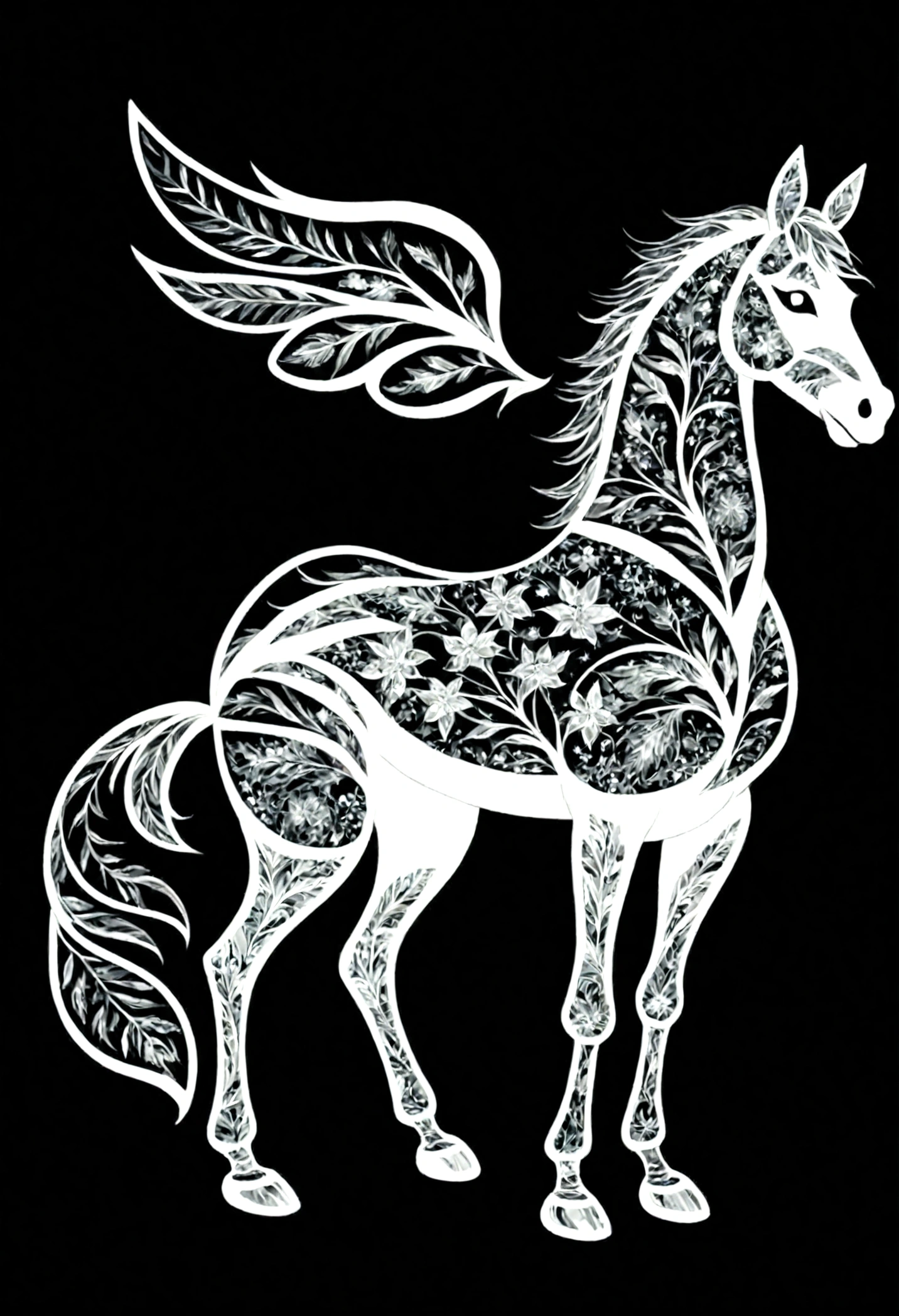 White silhouette design of a horse，Black Background，Beautiful silhouette，looking at the camera，Biologically correct