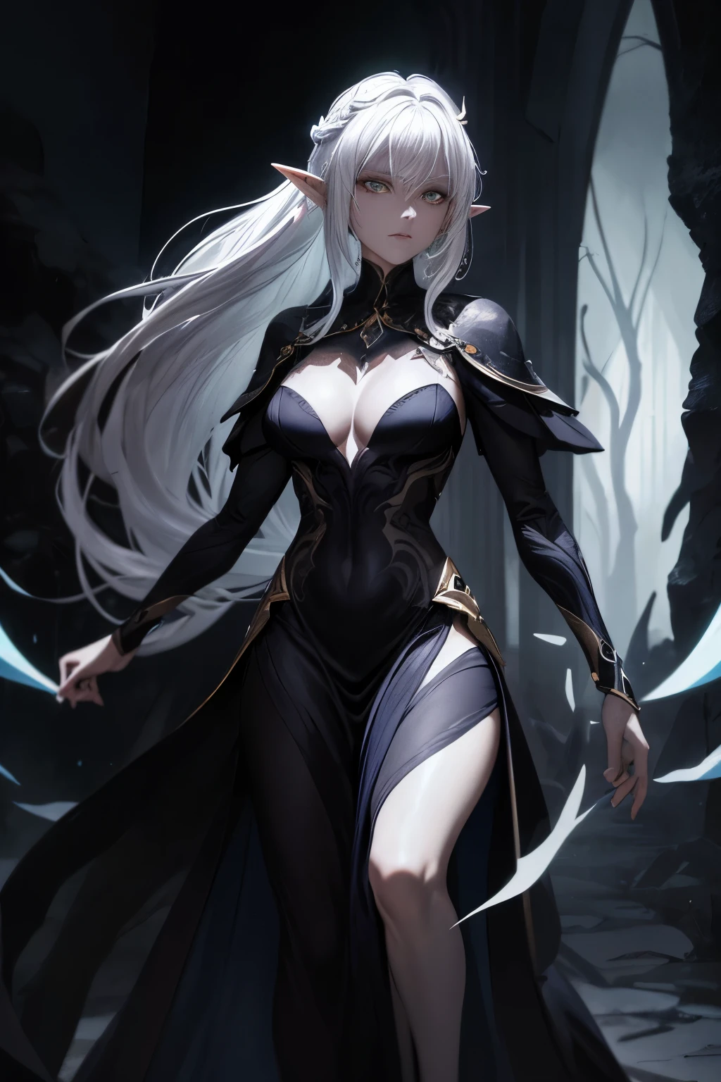Full-body depiction of a serious, sexy elf woman, portrayed with ultra-high detail. LoRa- Drow Concept LoRA-anime screen capture, featuring white hair cascading down into a ponytail with pointy ears and green eyes that gleam like emeralds. The artwork showcases gray skin, reminiscent of the underworld, and a dark-skinned contrast, exuding a mystical allure. (Masterpiece, best quality)
Additionally, the image is shrouded in LoRa's signature style, with a dark and moody atmosphere enveloping the elegant and seductive figure. The captivating artwork was created by the talented