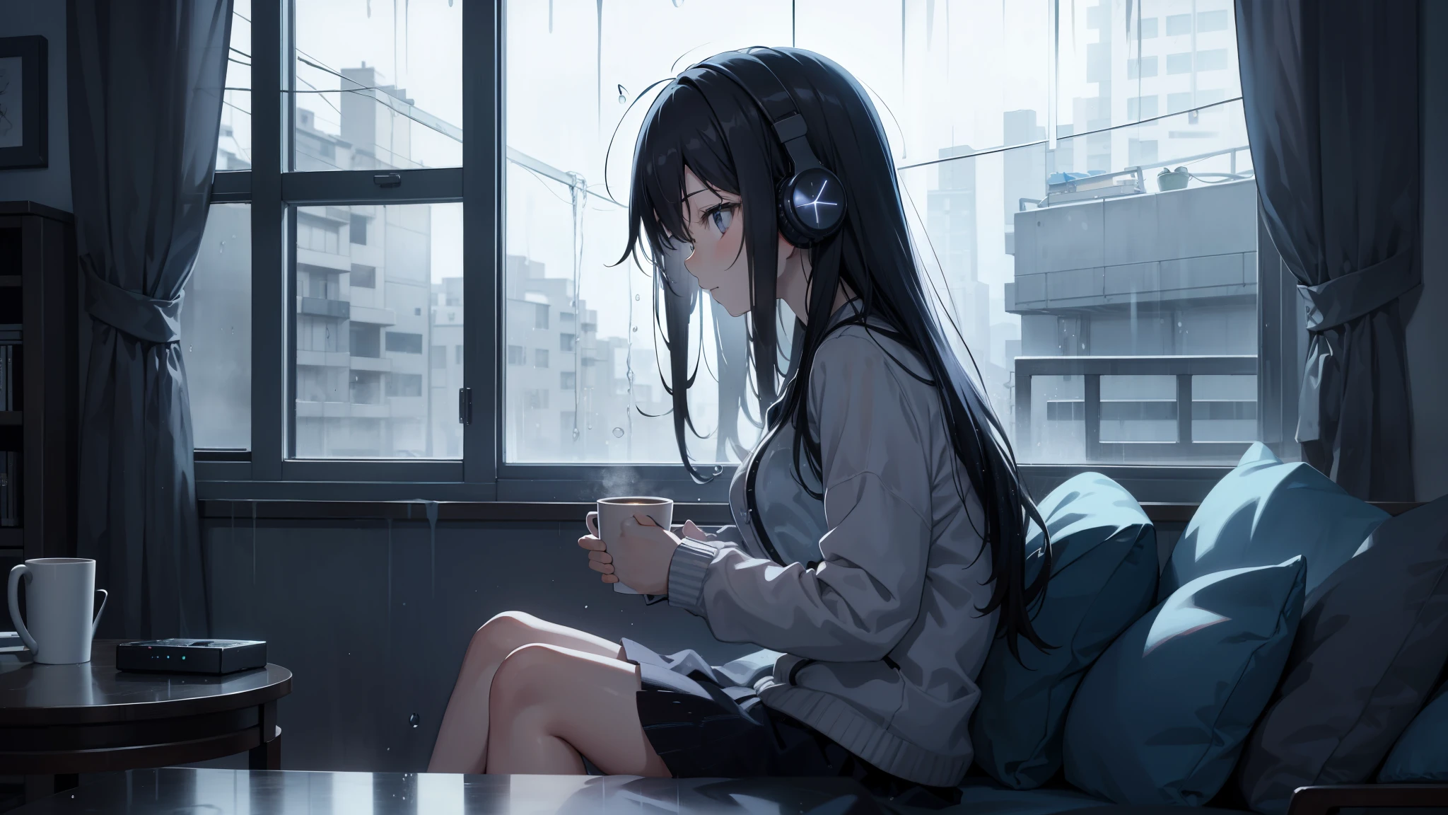 cozy home a solo young girl sitting beside the large glass window a hard rain, and the girl enjoys the beauty in the room with music on headphones and one cup of coffee on anime night scene, soft light like anime background, wide view