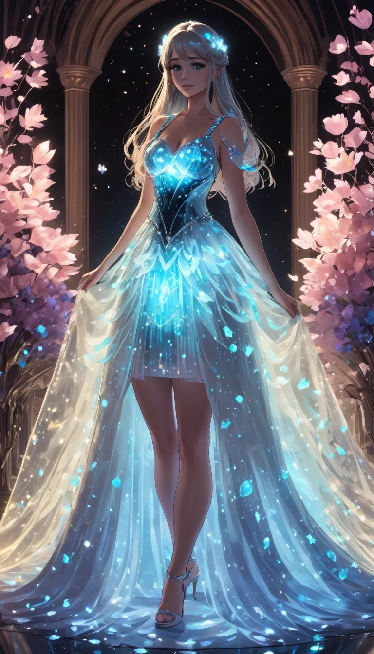 A princess, glowing dress, long hair, crystal, flowers