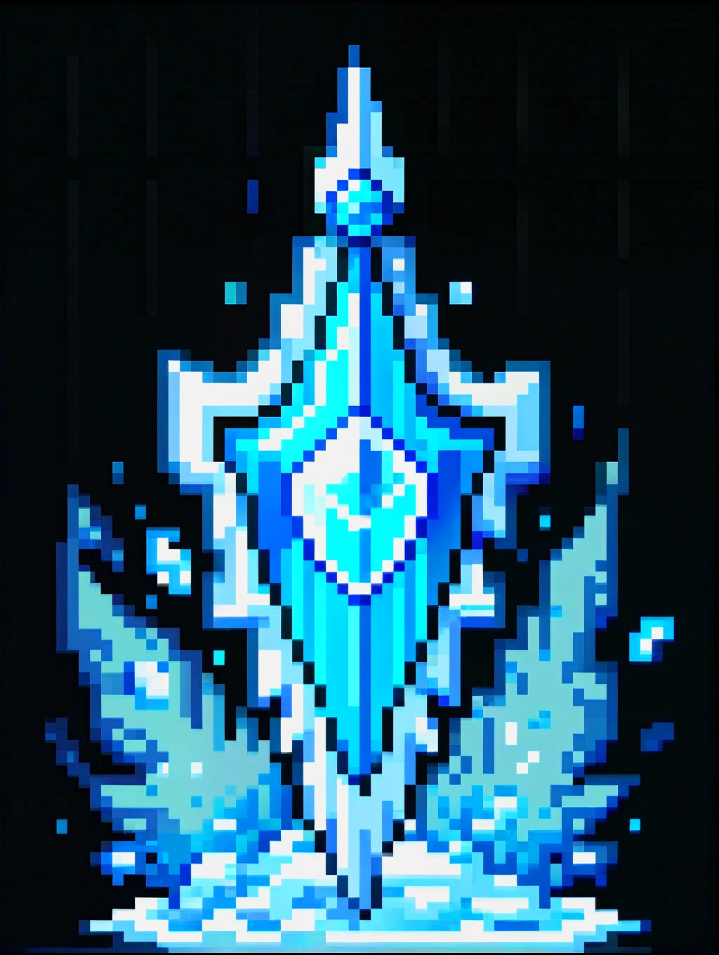 pixel art, cartoon illustration, icy shield, ice shards, simple black background, game icon