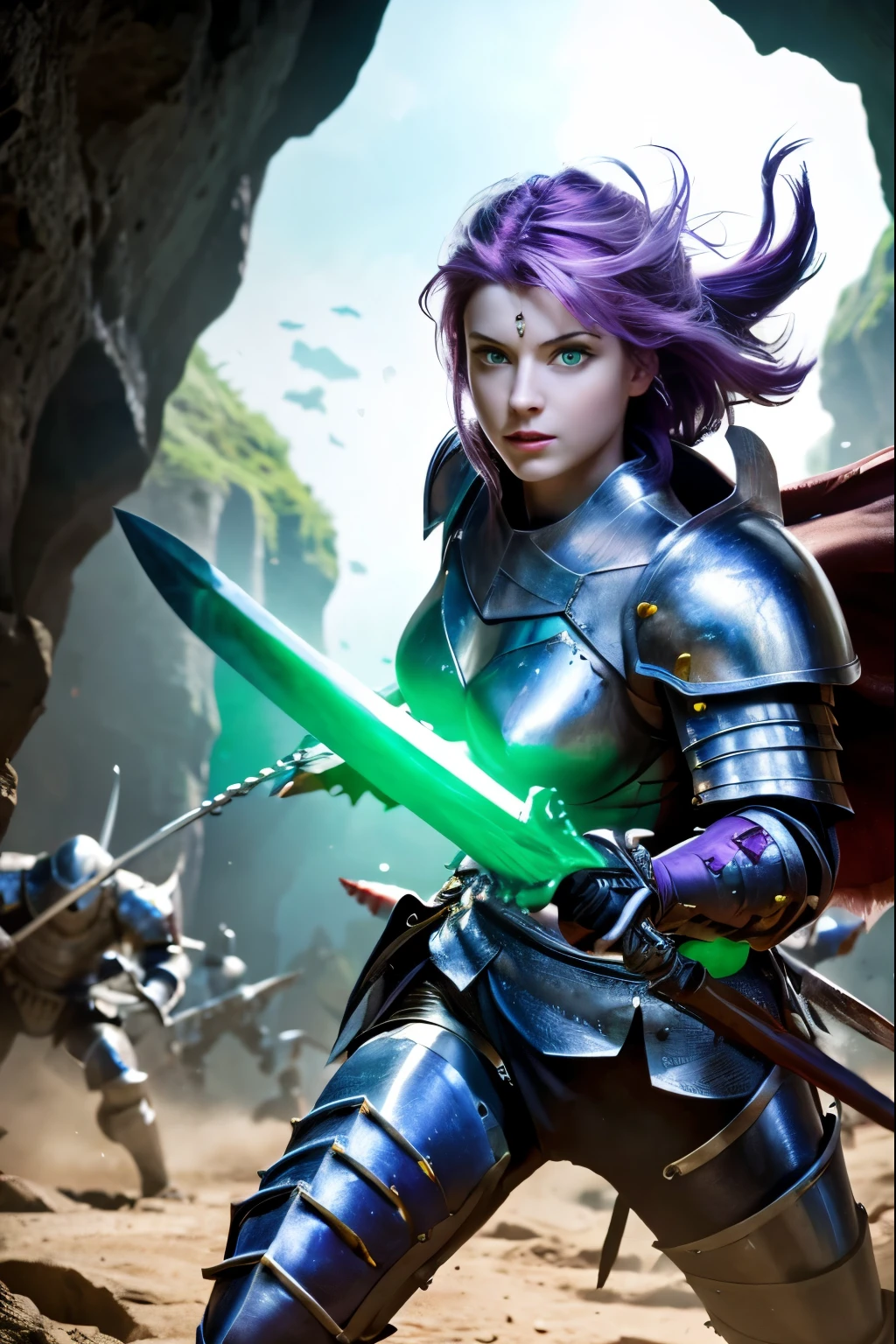 ((masterpiece, In 8K, High resolution,Realistic)),A beautiful French female knight fighting a horde of monsters in a cave、armor、Purple hair、Green Eyes、Hold a long sword