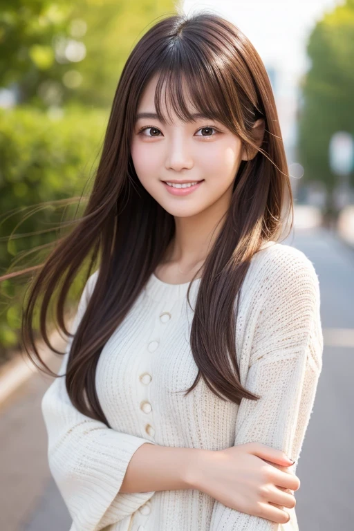 Produce the highest quality and highest resolution 8K images。The model is a 20-year-old Japanese woman.。The image depicts her posing and smiling for the camera.。She has brown eyes and a model figure.、She has an idol-level cute face.。The hair is long。Skin has a healthy color。Clothes、I'm wearing early summer clothes。The background depicts a scene of people taking commemorative photos at a tourist spot.。