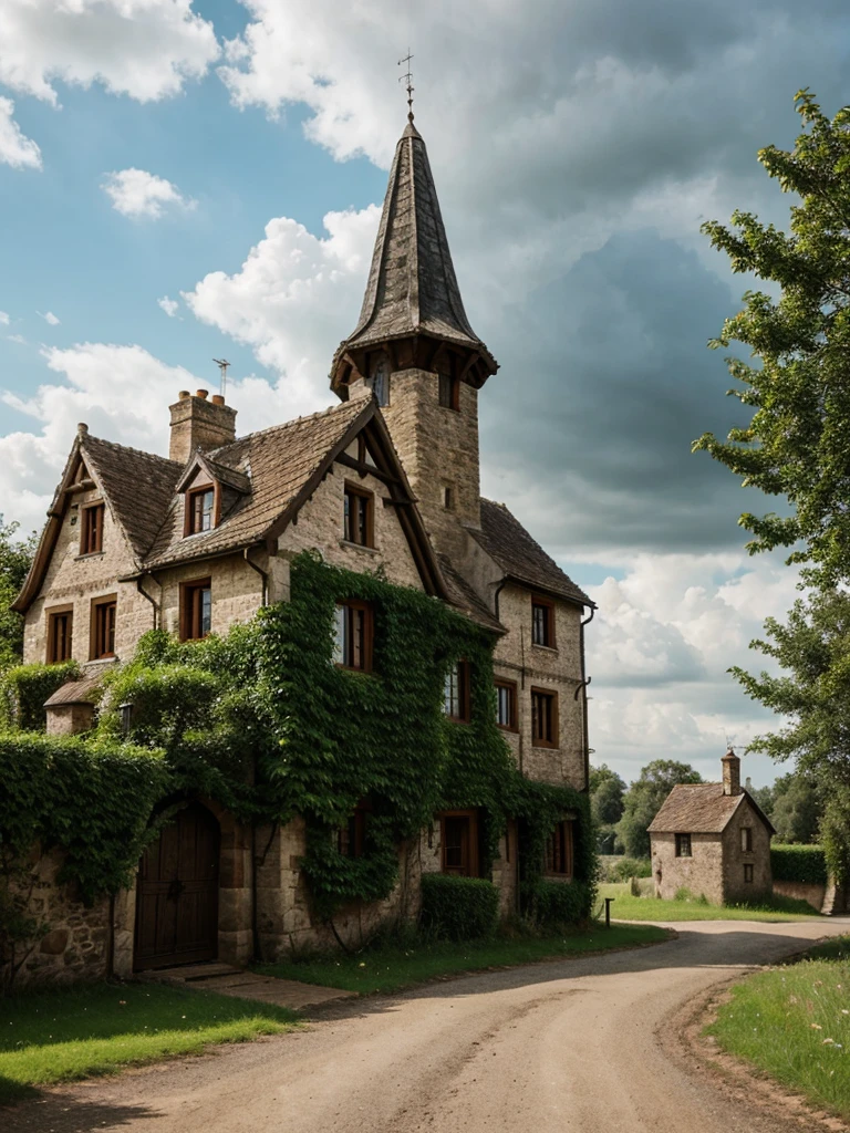 medieval house, trees, road, grass, cloudy sky