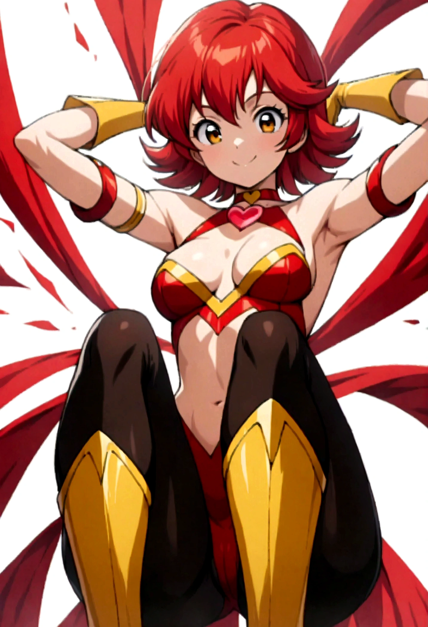 (Masterpiece, top quality, high resolution)), ((highly detailed CG unified 8K wallpaper)), (huge stunning goddess shot, very hot and sexy, jaw-dropping beauty, perfect proportions, beautiful body, slim body beauty:1.1), 1 woman, cutie honey, Red hair, short hair, big eyes, staring at camera, (red tops, cleavage cutout, bare shoulders, bare backs, black leggings, choker with heart symbol, gold long gloves, gold boots, armlet), (Dynamic pose with hands behind head and legs spread apart:1.8), (simple background, white background:1.5), front view, viewed from below, smile, Exploding cloth,