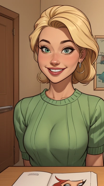 A close-up of a woman in a sweater, uma garota, uma beautiful mulher com cabelo castanho, uma cute young garota loira, She is blonde, uma mulher loira, uma jovem loira, brown head, decote, one is short blonde blonde, sardas fofas, lindo sorriso sedutor, com cabelos loiros e olhos verdes, linda e sorridente, sorrindo sedutoramente.