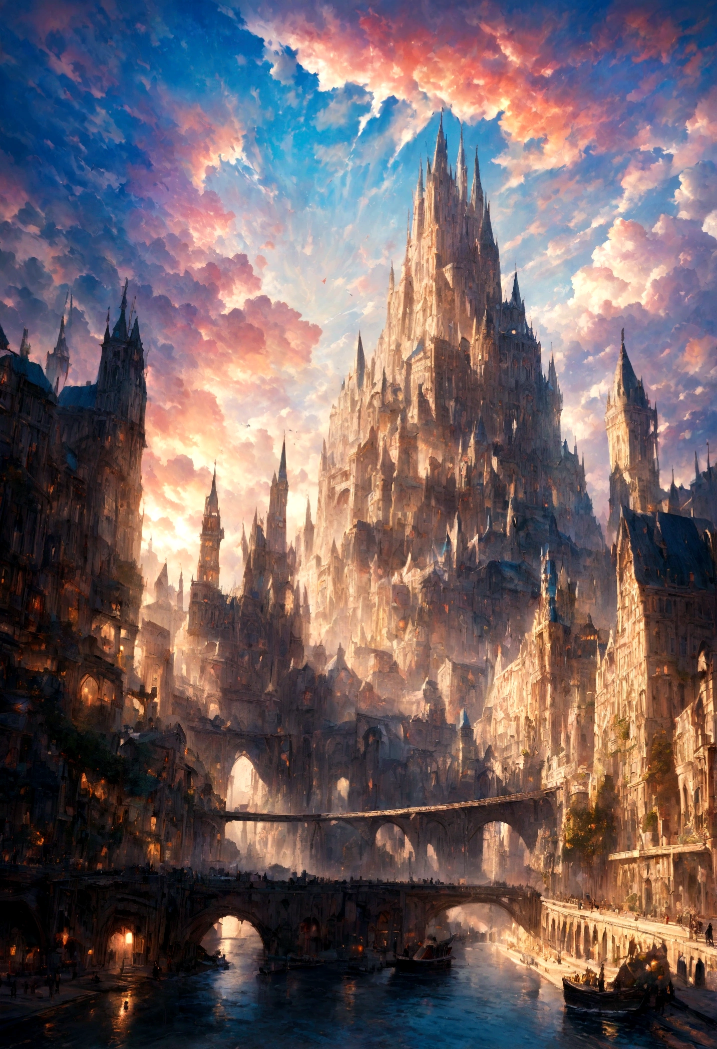 realistic, masterpiece, best quality, high quality, 8k, detailed, cinematic, fantastical city floating in the sky, with crystal towers and bridges made of light, surrounded by colorful clouds and ethereal creatures
