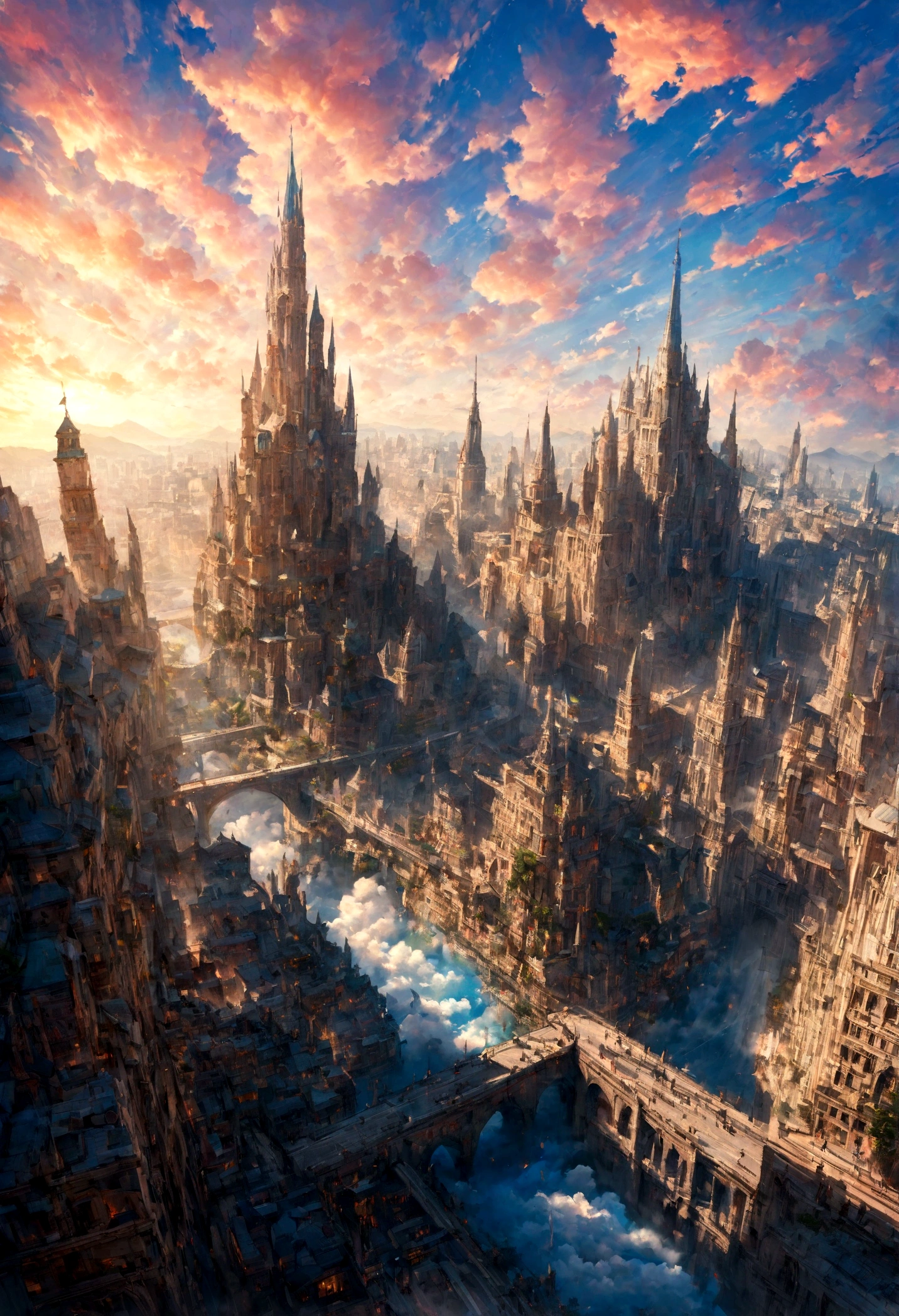 realistic, masterpiece, best quality, high quality, 8k, detailed, cinematic, fantastical city floating in the sky, with crystal towers and bridges made of light, surrounded by colorful clouds and ethereal creatures