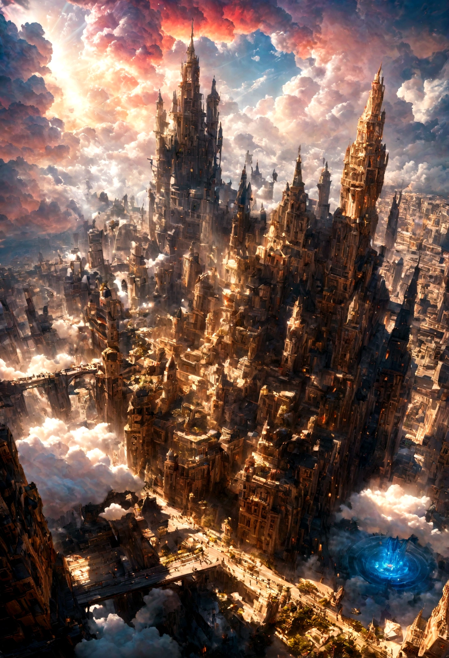 realistic, masterpiece, best quality, high quality, 8k, detailed, cinematic, fantastical city floating in the sky, with crystal towers and bridges made of light, surrounded by colorful clouds and ethereal creatures