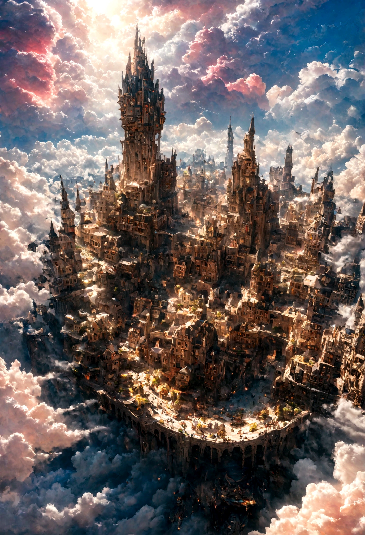 realistic, masterpiece, best quality, high quality, 8k, detailed, cinematic, fantastical city floating in the sky, with crystal towers and bridges made of light, surrounded by colorful clouds and ethereal creatures