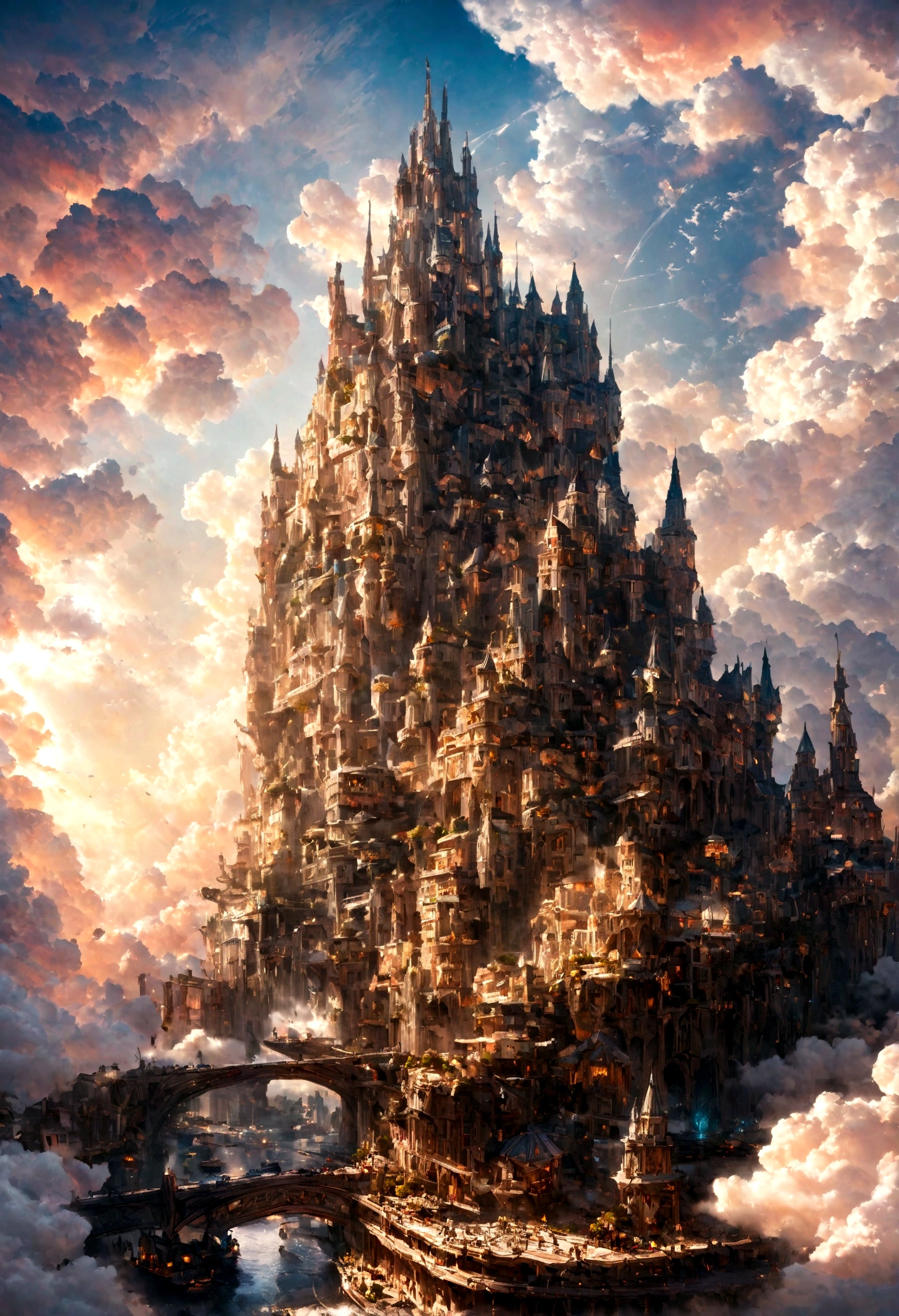 realistic, masterpiece, best quality, high quality, 8k, detailed, cinematic, fantastical city floating in the sky, with crystal towers and bridges made of light, surrounded by colorful clouds and ethereal creatures