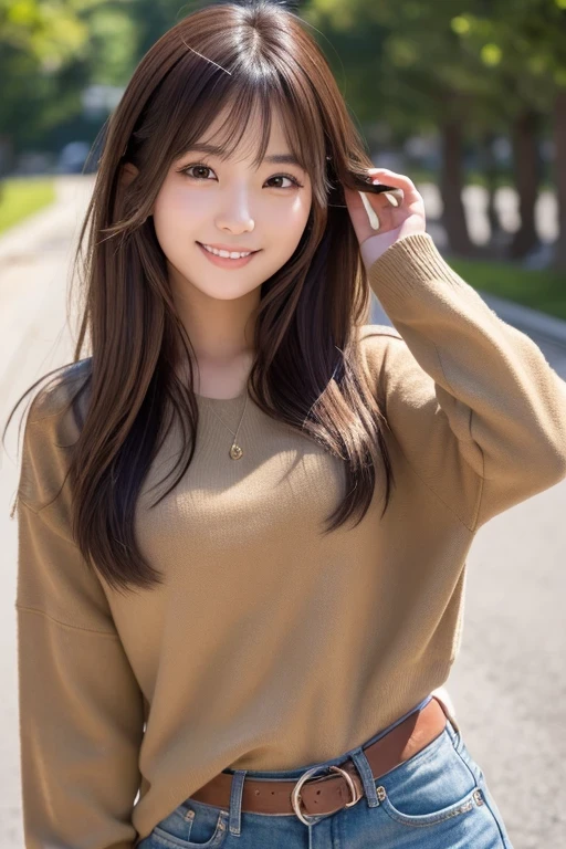 Produce the highest quality and highest resolution 8K images。The model is a 20-year-old Japanese woman.。The image depicts her posing and smiling for the camera.。She has brown eyes and a model figure.、She has an idol-level cute face.。The hair is long。Skin has a healthy color。Clothes、I'm wearing early summer clothes。The background depicts a scene of people taking commemorative photos at a tourist spot.。