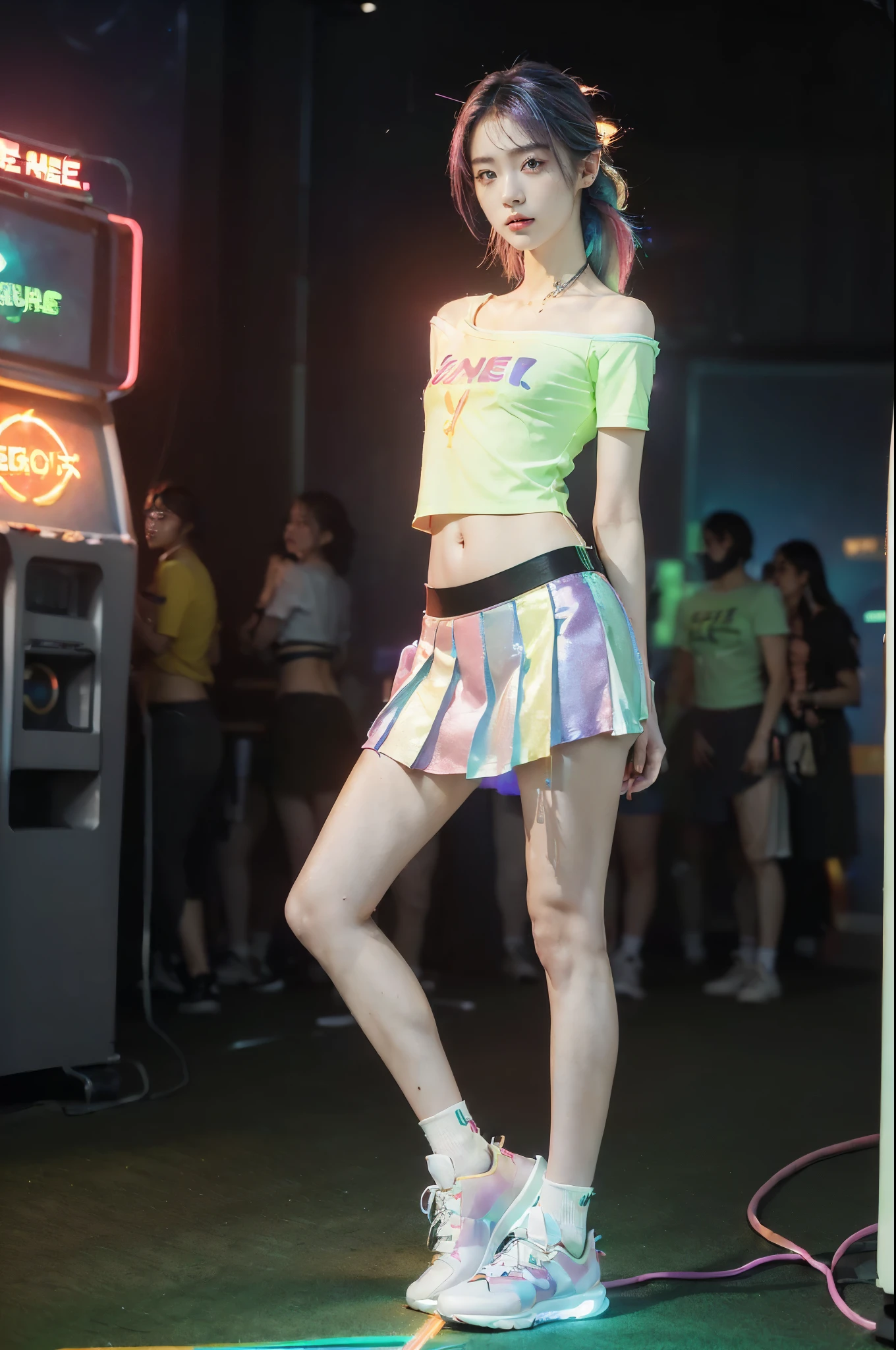((((8k))),((Extremely meticulous CG)) ,(wallpaper),16k,((Extremely refined and beautiful)),(((Masterpiece))),(((best qualtiy))),(((Ultra High Resolution))),beautiful light up,Perfect lightning,realistic shaded,(Smooth and flawless skin:1.5),(Extremely exquisite facial details:1.2),(perfect body:1.2),(ultra-detailed),((A beautiful girl,solo)),(small head:1.2),(pale skin:1.3),(shoulder length straight bob hair:1.2),(rainbow color hair:1.3),(small face:1.2),(baby face:1.3),(Exquisite makeup:1.2),(blush:1.3),(small breasts:1.2),(flat chest:1.3),((slim,thin)),(laughing:1.2),(short sleeves:1.2),(laser shirt:1.5),(shoulder off:1.3),(navel:1.3),(laser microskirt:1.5),(slender legs:1.2),(socks:1.2),(sneakers:1.3),(indoor:1.2),(summer:1.3),(detailed background:1.5),(Standing:1.3),(Beside the arcade machine:1.3),(arms behind back:1.3),(full body:1.3),(from front:1.3),(In the game center:1.5),(colorful neon lights:1.3),(cyberpunk style:1.3),(night scene:1.5),(lively atmosphere:1.3),(surrounded by crowded crowds:1.3)