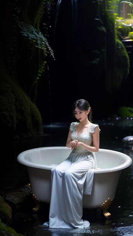 no upper floor; A beautiful Burmese woman in a long skirt takes a relaxing bath by the river. I took a shower and my whole body was wet. No top, but my breasts were covered with a long skirt