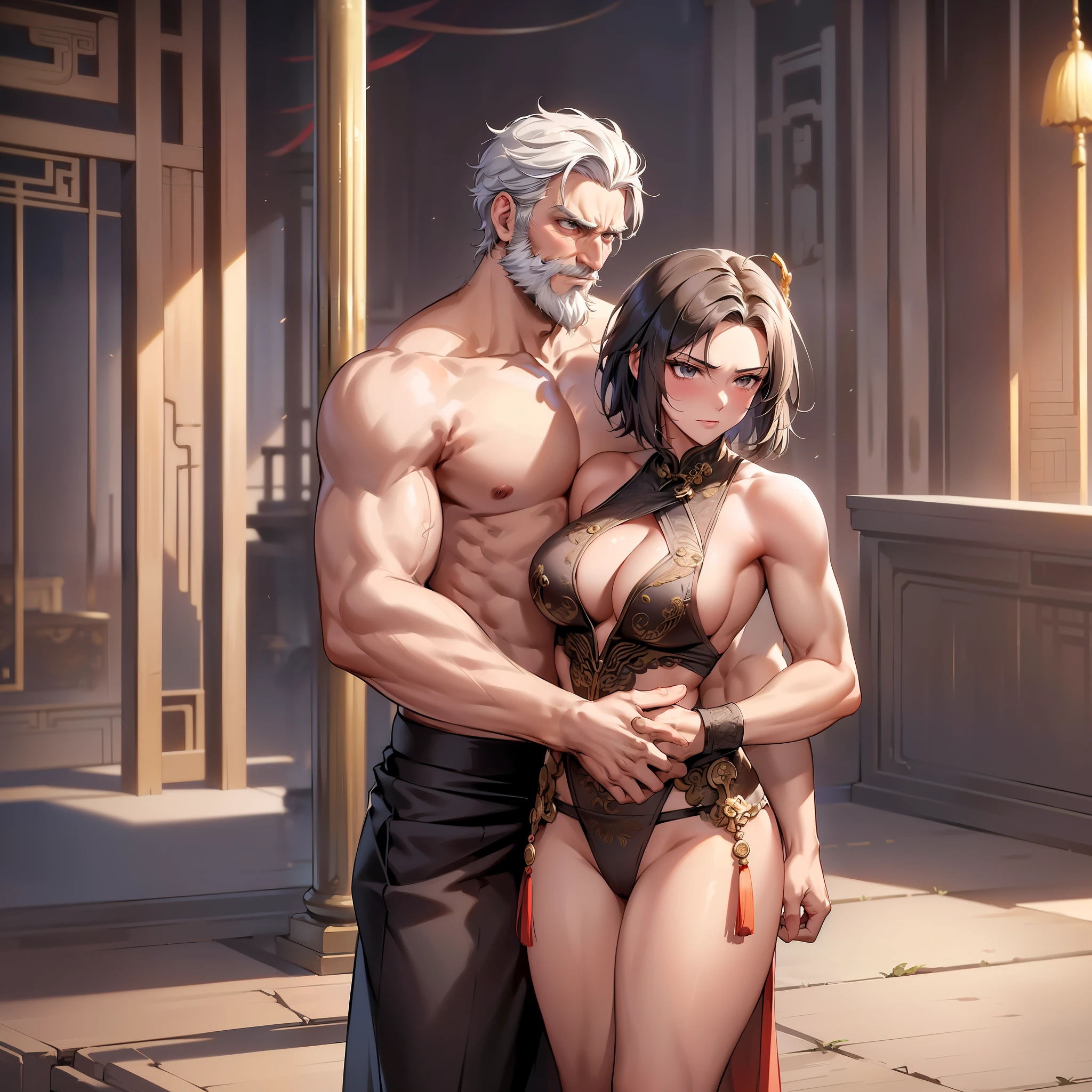 The emperor is a rugged and burly old man (tall body, handsome,shirtless,beard,short hair,hug, being arrogant towards someone who sees it by tugging at a girl's bra until it is loose and torn,wearing robe,bad, wearing the clothes of an ancient Chinese king , carrying a sword ) with A girl (age 22, beautiful, slender body, radiant skin ,short hair, wearing dudou, show armpits, Breasts are visible but nipples are covered , clothes almost split in half , defended the emperor with embarrassment ,butt visible )an ancient royal chamber chinese,good looking,8k,masterpieces:1,5,whole full body, oldman is taller than girl.