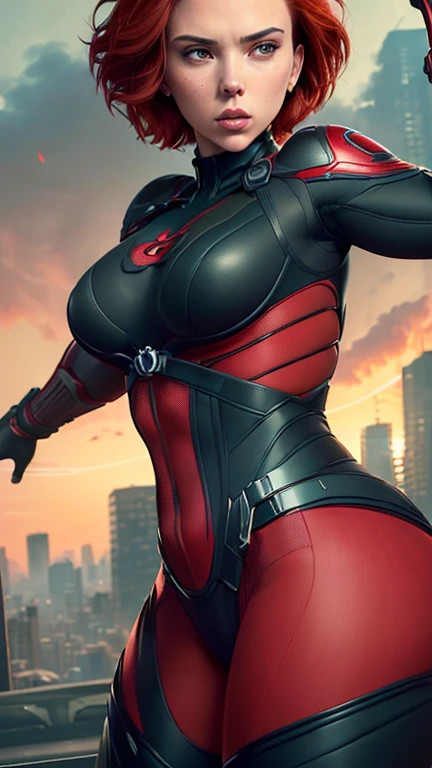 Natural Beauty ((masterpiece),(Scarlett Johansson),(Short Red Hair),(Detailed Round Ass),(Detailed Green Eyes),(Detailed Nose),(Detailed Lips),(Toned Back),(Wide Childbearing Hips),(Detailed Thighs),(Athletic Figure),(Black And Red Tactical Suit), Black Widow silhouette is powerful and feminine, her suit clinging to her athletic build as she watches over the city