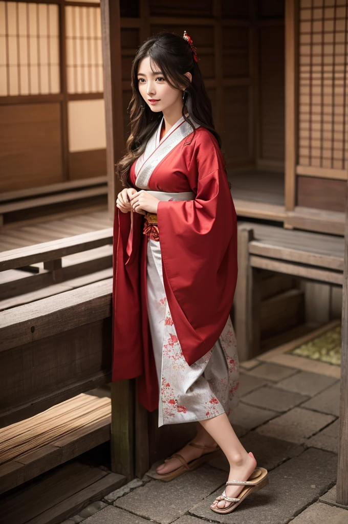 highest quality、8k Masterpiece、超A high resolution、(Photorealistic:1.3)、RAW Photos、1 girl、Red charm on ankle、太ももにAngelのtatoo、A plain red Japanese kimono、Wearing geta、Silvery white super long hair、Long Hair、Glowing Skin、1. Super beautiful female samurai soldiers、((Ultra-Realistic Details))、Portrait、Global Illumination、Shadow、Octane Rendering、8k、Super sharp、Beautiful breasts、Metal、Cold colors、、Very intricate details、Realistic Light、CGSoation Trend、Beautiful Eyes、Shining Eyes、Looking into the distance、Neon Details、20age、Too beautiful face、Intelligence、Obscene、Sexy、Moe、whole body、Healthy Body、night、The background is Yoshiwara in the Edo period.、red lantern、Running lights、On the roof、love、Charm、mischievouore sexy、Hands on chest、Make your background more vibrant、Fantasy、Angle to toes、Whiter skin、Standing posture、More realistic facial features、anger、Retrospective、wide shot、full body、More realistic Japanese faces、Hair flowing in the wind、Angel、smile