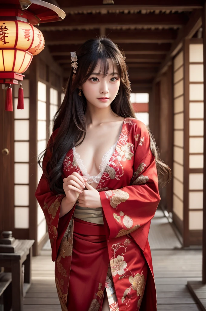 highest quality、8k Masterpiece、超A high resolution、(Photorealistic:1.3)、RAW Photos、1 girl、Red charm on ankle、太ももにAngelのtatoo、A plain red Japanese kimono、Wearing geta、Silvery white super long hair、Long Hair、Glowing Skin、1. Super beautiful female samurai soldiers、((Ultra-Realistic Details))、Portrait、Global Illumination、Shadow、Octane Rendering、8k、Super sharp、Beautiful breasts、Metal、Cold colors、、Very intricate details、Realistic Light、CGSoation Trend、Beautiful Eyes、Shining Eyes、Looking into the distance、Neon Details、２０age、Too beautiful face、Intelligence、Obscene、Sexy、Moe、whole body、Healthy Body、night、The background is Yoshiwara in the Edo period.、red lantern、Running lights、On the roof、love、Charm、mischievouore sexy、Hands on chest、Make your background more vibrant、Fantasy、Angle to toes、Whiter skin、Standing posture、More realistic facial features、anger、Retrospective、wide shot、full body、More realistic Japanese faces、Hair flowing in the wind、Angel、smile