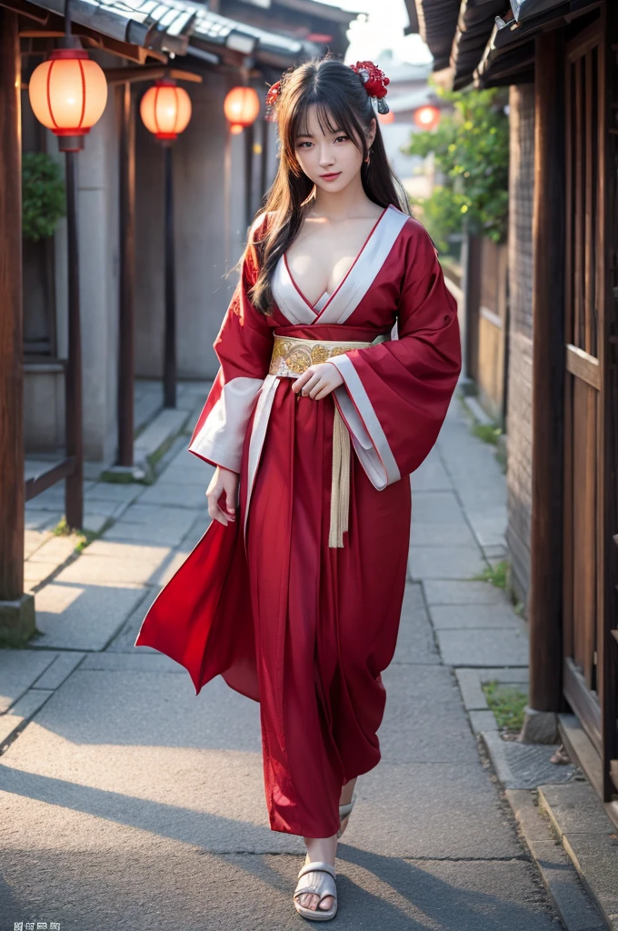 highest quality、8k Masterpiece、超A high resolution、(Photorealistic:1.3)、RAW Photos、1 girl、Red charm on ankle、太ももにAngelのtatoo、A plain red Japanese kimono、Wearing geta、Silvery white super long hair、Long Hair、Glowing Skin、1. Super beautiful female samurai soldiers、((Ultra-Realistic Details))、Portrait、Global Illumination、Shadow、Octane Rendering、8k、Super sharp、Beautiful breasts、Metal、Cold colors、、Very intricate details、Realistic Light、CGSoation Trend、Beautiful Eyes、Shining Eyes、Looking into the distance、Neon Details、２０age、Too beautiful face、Intelligence、Obscene、Sexy、Moe、whole body、Healthy Body、night、The background is Yoshiwara in the Edo period.、red lantern、Running lights、On the roof、love、Charm、mischievouore sexy、Hands on chest、Make your background more vibrant、Fantasy、Angle to toes、Whiter skin、Standing posture、More realistic facial features、anger、Retrospective、wide shot、full body、More realistic Japanese faces、Hair flowing in the wind、Angel、smile