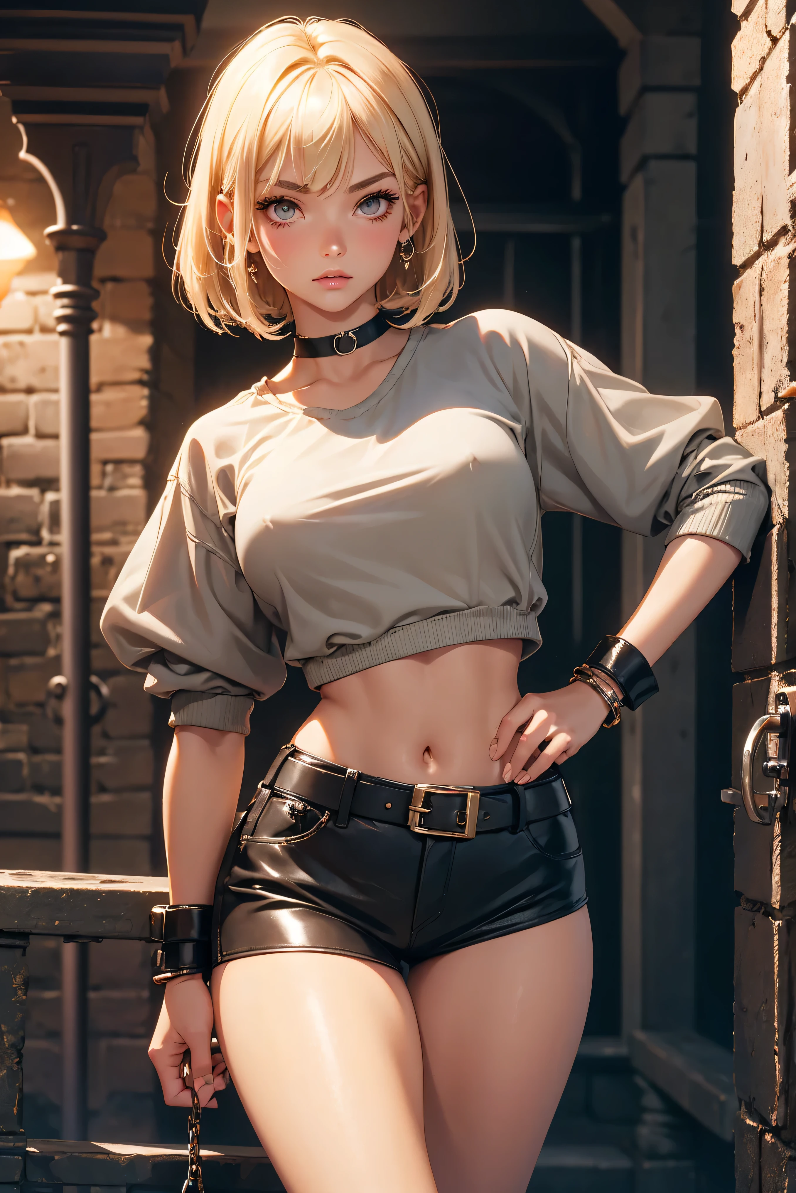 Teenage girl 20 years old, hot model, blonde, bob hairstyle, bangs, brown eyes, makeup, manicure, very tanned, crop sleeve shirt, very short mini shorts, bracelets, choker, belt, beautiful long legs, beautiful thigh line, hands on hips, flirty posing, sexy, slave, punished girl, prison girl, handcuffs, shackles, dungeon, haunted castle, aesthetics, top quality,