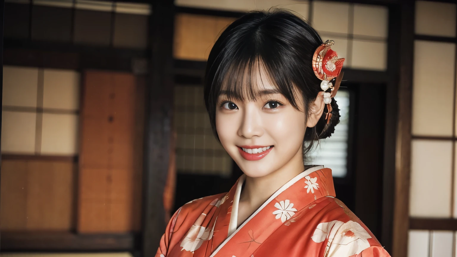 Highly detailed 8k wallpaper, with the best quality, super detailed pussy, Representative works, Reality, realistic pictures, Highly detailed cute girl, 25 years old, ((japanese, kimono, rush)) , round eyes, hair ornaments, Are standing, Upper body, smiling, dancing