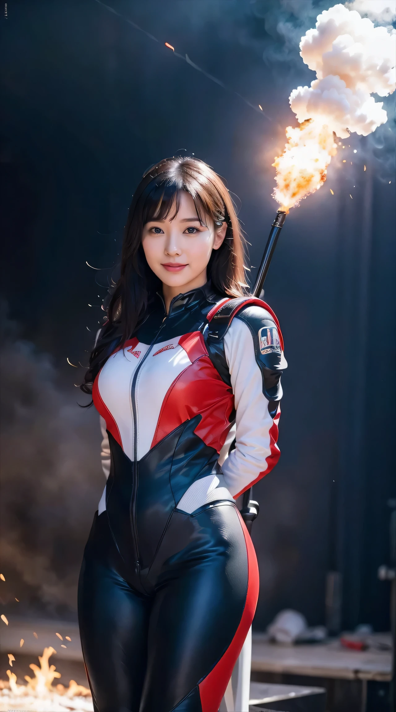 8k, highest quality, masterpiece, Realistic, Super detailed,  photograph, High resolution,  High resolution,, Cinematic Light, Official Art, High resolution, Depth of written border, Beautiful legs, thin, cute face, smile, Beautiful details in the eyes, 19 years old Japanese, cute, Disheveled Hair,Crimson Jet Suit,Flying in the sky、Carrying a jetpack on your back,Flames coming out of the jetpack
