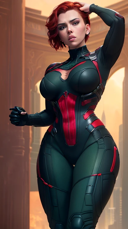 Natural Beauty ((masterpiece),(Scarlett Johansson),(Short Red Hair),(Detailed Round Ass),(Detailed Green Eyes),(Detailed Nose),(Detailed Lips),(Toned Back),(Wide Childbearing Hips),(Detailed Thighs),(Athletic Figure),(Black And Red Tactical Suit),(Full Body View Visible), Black Widow silhouette is powerful and feminine, her suit clinging to her athletic build as she watches over the city