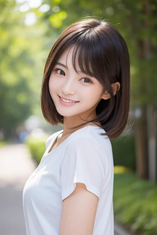 Produce the highest quality and highest resolution 8K images。The model is a 20-year-old Japanese woman.。The image depicts her posing and smiling for the camera.。She has brown eyes and a model figure.、She has an idol-level cute face.。Her hair is bob。Skin has a healthy color。Clothes、I&#39;m wearing early summer clothes。The background depicts a scene of people taking commemorative photos at a tourist spot.。
