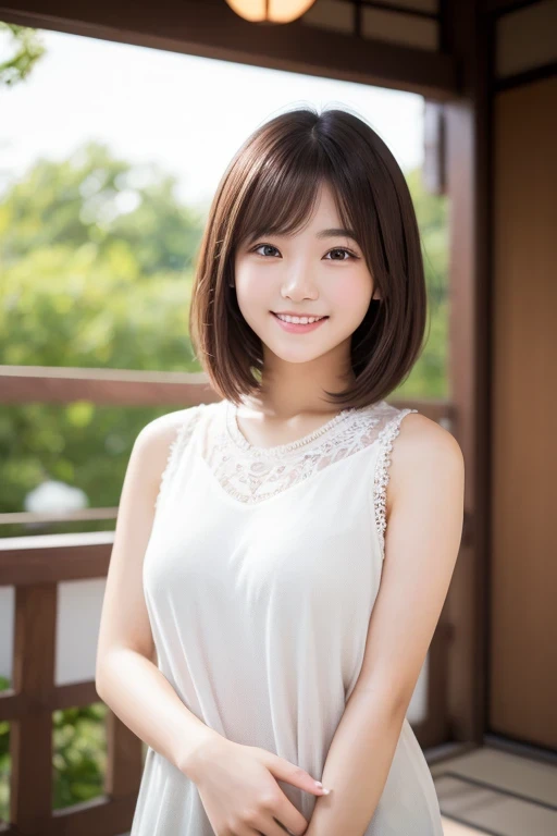 Produce the highest quality and highest resolution 8K images。The model is a 20-year-old Japanese woman.。The image depicts her posing and smiling for the camera.。She has brown eyes and a model figure.、She has an idol-level cute face.。Her hair is bob。Skin has a healthy color。Clothes、I'm wearing early summer clothes。The background depicts a scene of people taking commemorative photos at a tourist spot.。