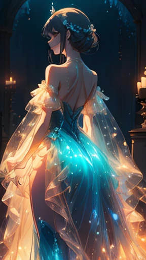 princess, glowing dress, walking, haunting, mysterious