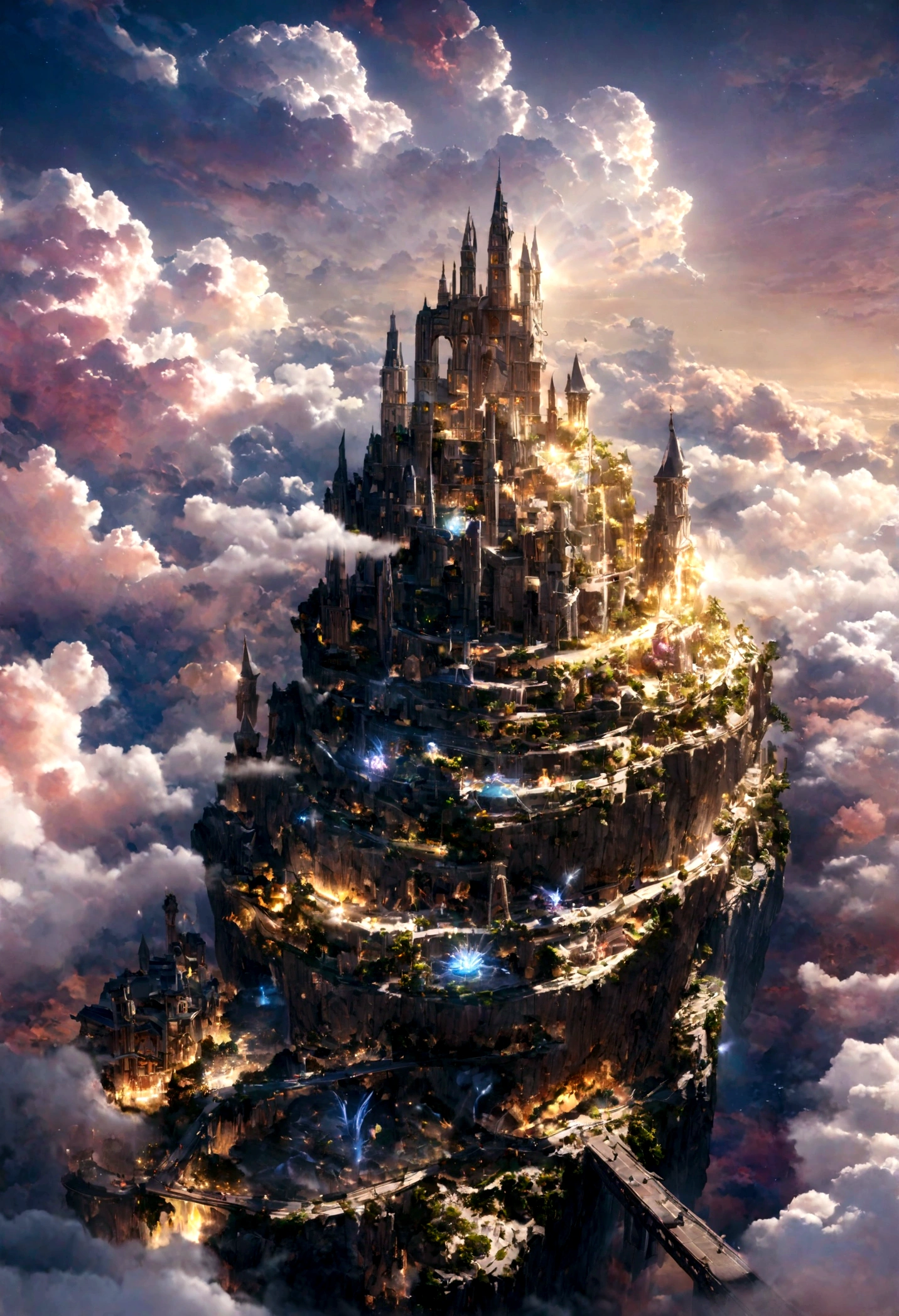 realistic, masterpiece, best quality, high quality, 8k, detailed, cinematic, fantastical city floating in the sky, with crystal towers and bridges made of light, surrounded by colorful clouds and ethereal creatures