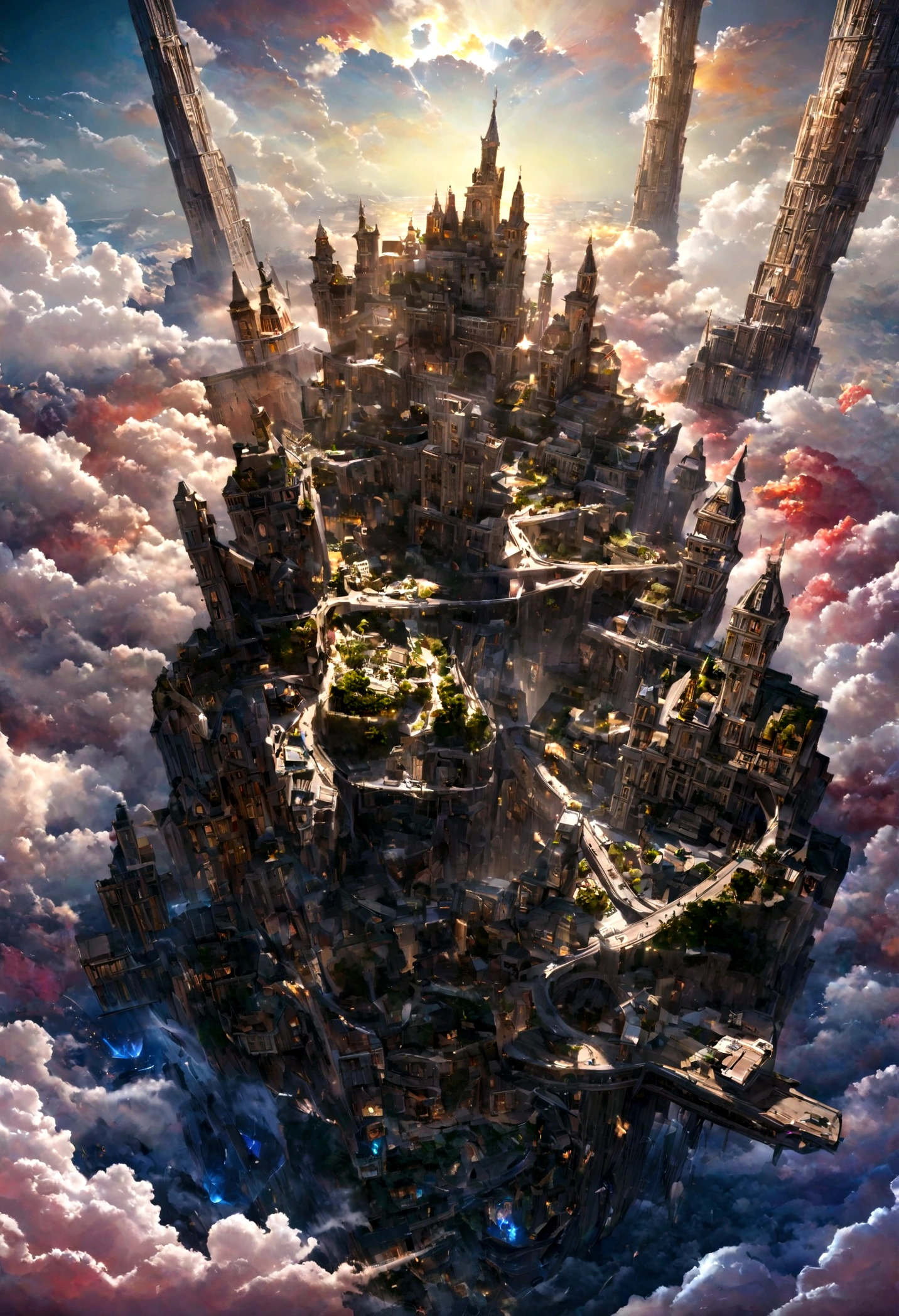 realistic, masterpiece, best quality, high quality, 8k, detailed, cinematic, fantastical city floating in the sky, with crystal towers and bridges made of light, surrounded by colorful clouds and ethereal creatures