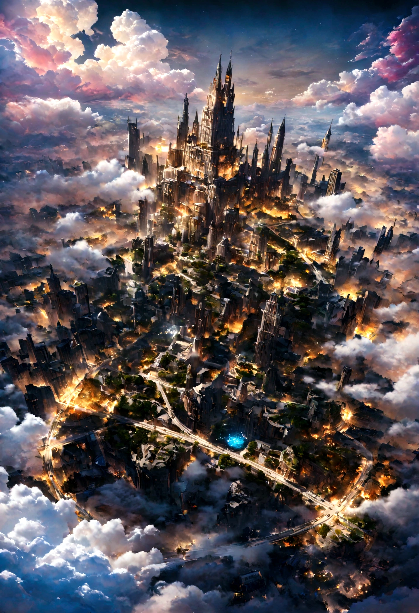 realistic, masterpiece, best quality, high quality, 8k, detailed, cinematic, fantastical city floating in the sky, with crystal towers and bridges made of light, surrounded by colorful clouds and ethereal creatures