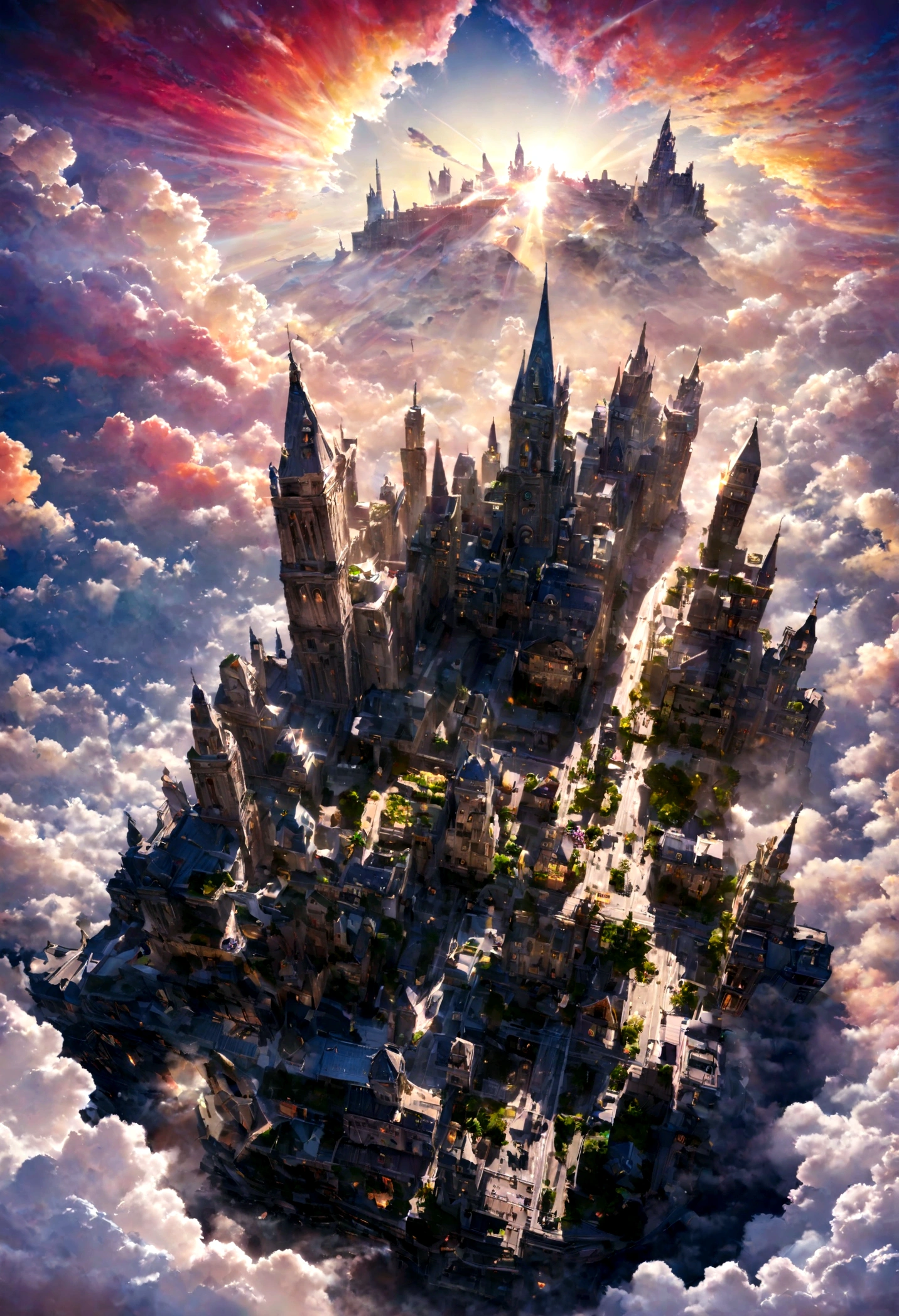 realistic, masterpiece, best quality, high quality, 8k, detailed, cinematic, fantastical city floating in the sky, with crystal towers and bridges made of light, surrounded by colorful clouds and ethereal creatures