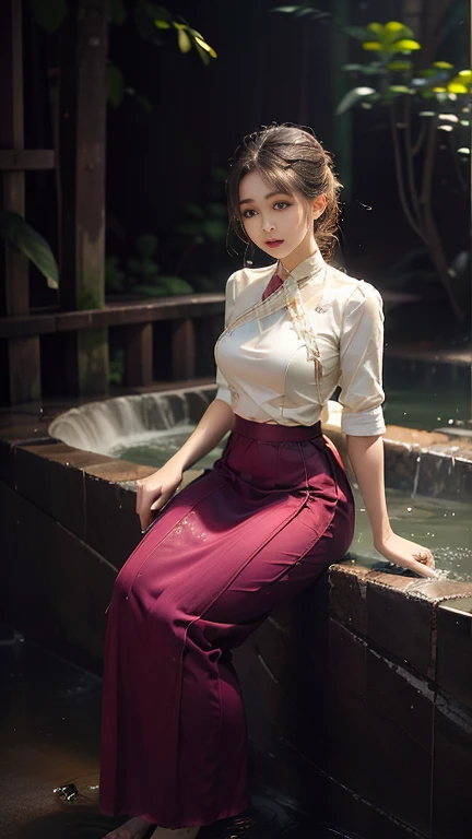 no upper floor; A beautiful Burmese woman in a long skirt takes a relaxing bath by the river. I took a shower and my whole body was wet. No top, but my breasts were covered with a long skirt